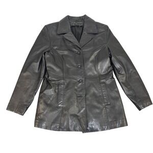 Vintage Y2K JLC  Black Leather Coat Womens Large Mid Length Button Front